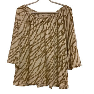 MICHEAL KORS CREAM & BROWN CHAIN DESIGN 3/4 LENGTH RUFFLE SLEEVE TOP/ Size 2X